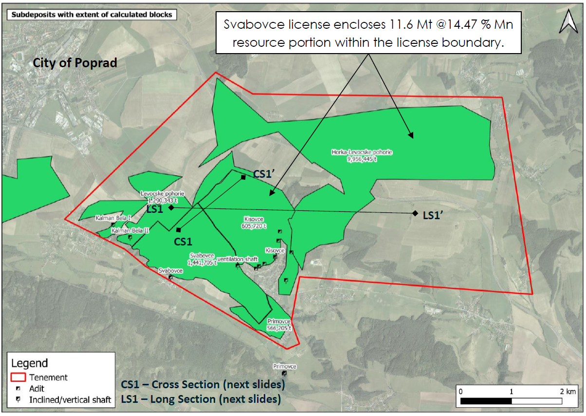 Svabovce deposit licence area showing five sub-deposits — Hôrka-Levočské pohorie, Švábovce, Kišovce, Primovce, and Levočské pohorie — within the 30.52 km² exploration licence southeast of Poprad, Slovakia