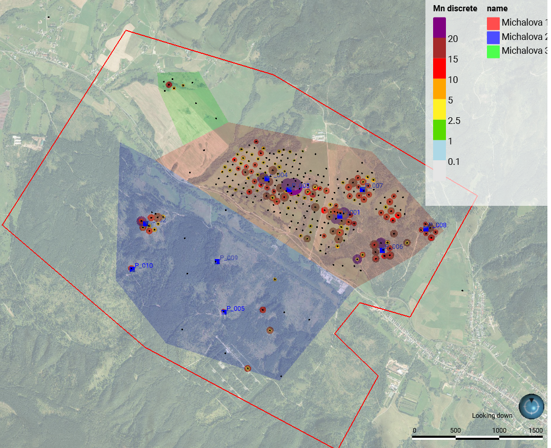 Michalova deposit drill hole location map showing the distribution of historic drill holes across the M-1, M-2, and M-3 sub-blocks within the 14.99 km² licence area near Brezno, Slovakia