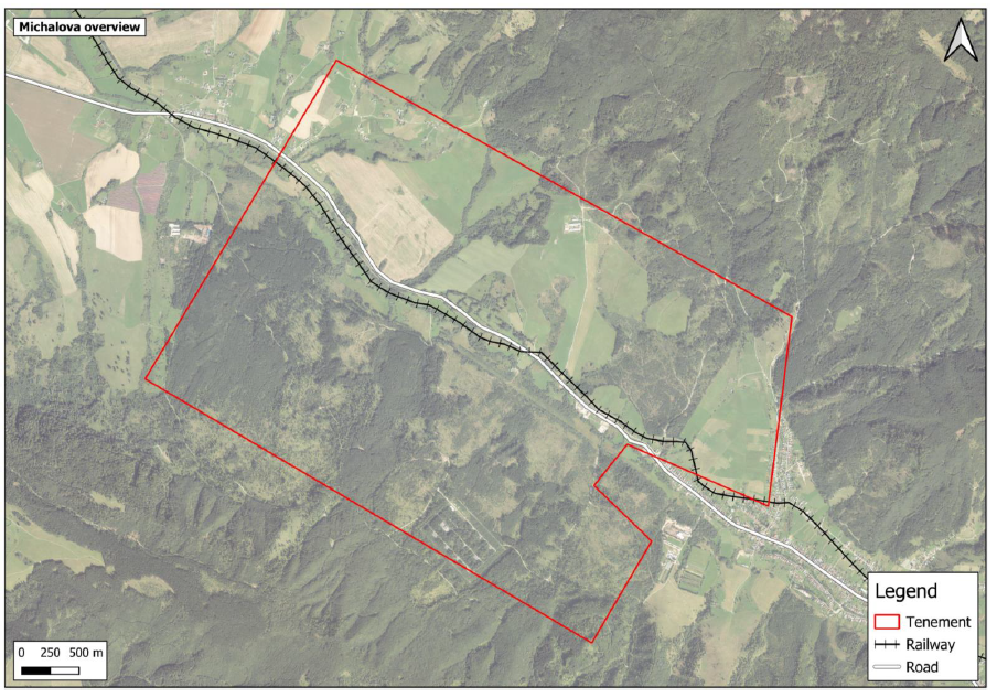 Michalova regional infrastructure overview map showing proximity to single railway line, double-lane asphalt road, and 22kV power lines in the Brezno area of central Slovakia