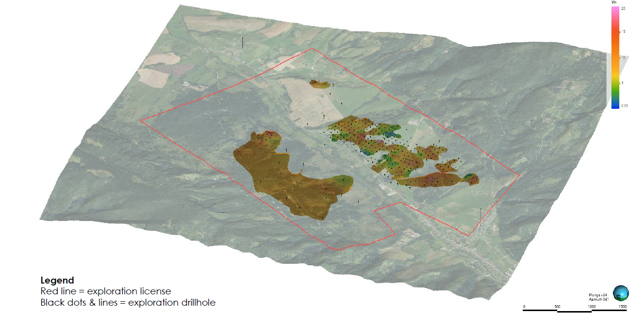 Michalova 3D geological model showing the shallow manganese oxide ore seam and the deeper manganese carbonate seam geometry within the deposit area