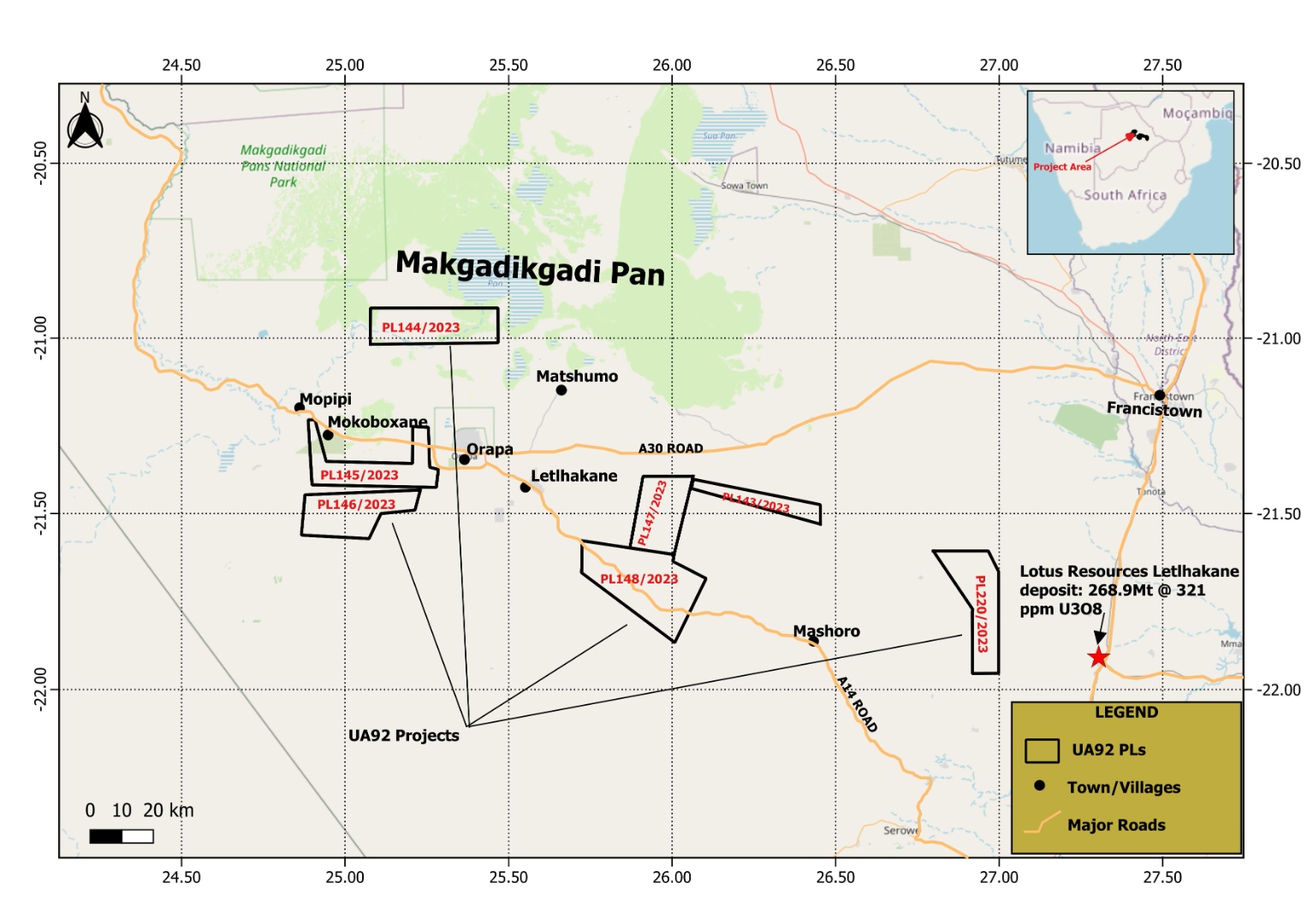 UA92 Botswana Prospecting License Area Map showing PL143–PL148 and PL220/2023 blocks relative to the Letlhakane deposit